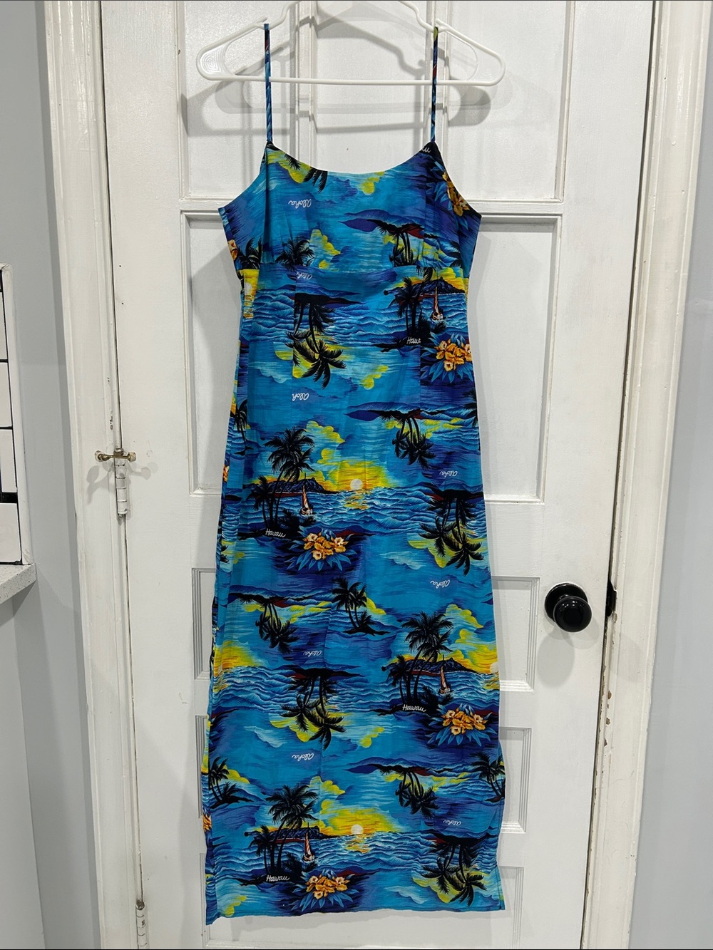 Royal Creations Vintage Hawaiian Midi/Maxi Dress Blue Tropical Sunset Print - L